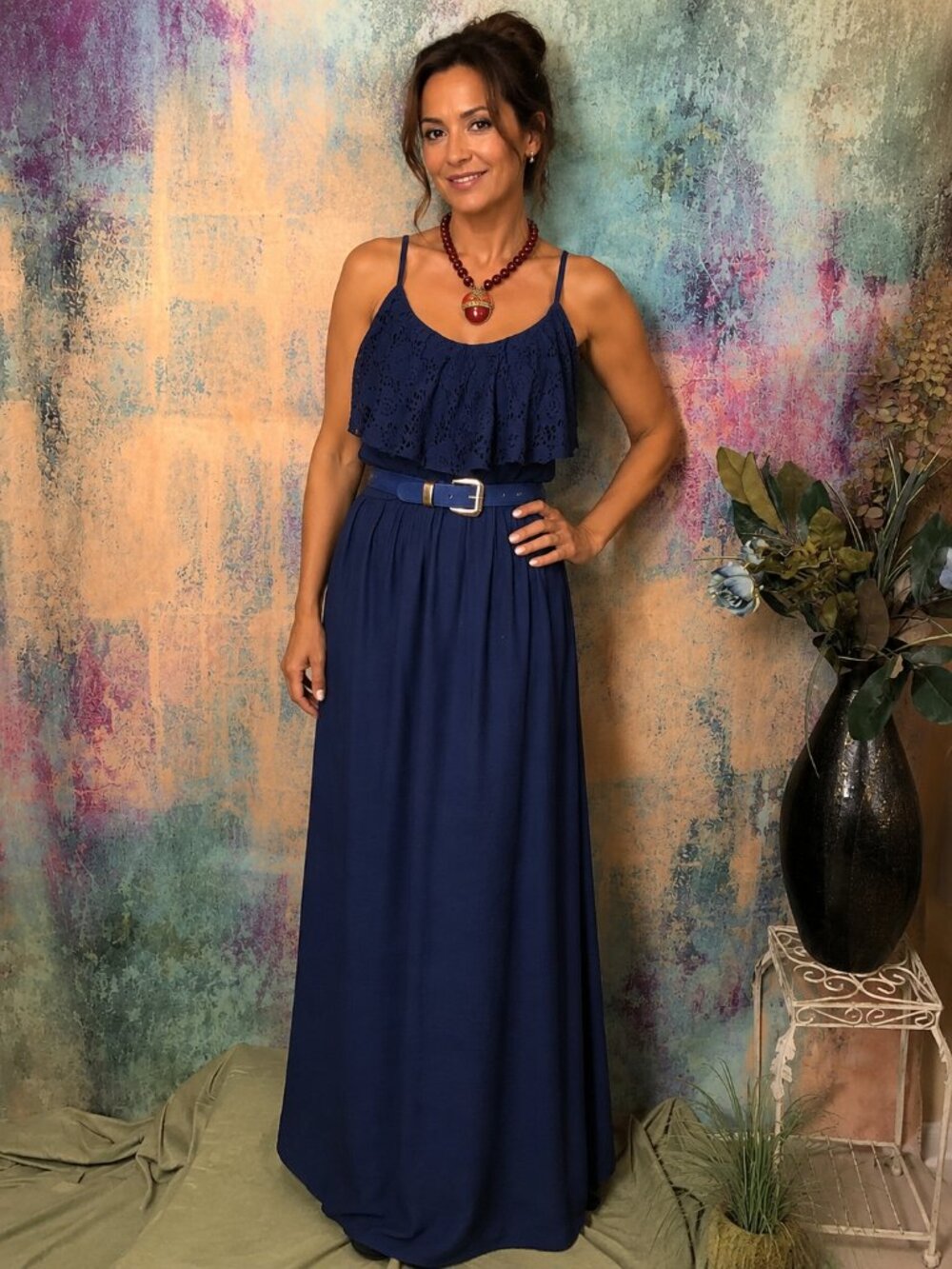 📌Iz Byer Bohemian Navy Lace Flounce Maxi Dress with Belt